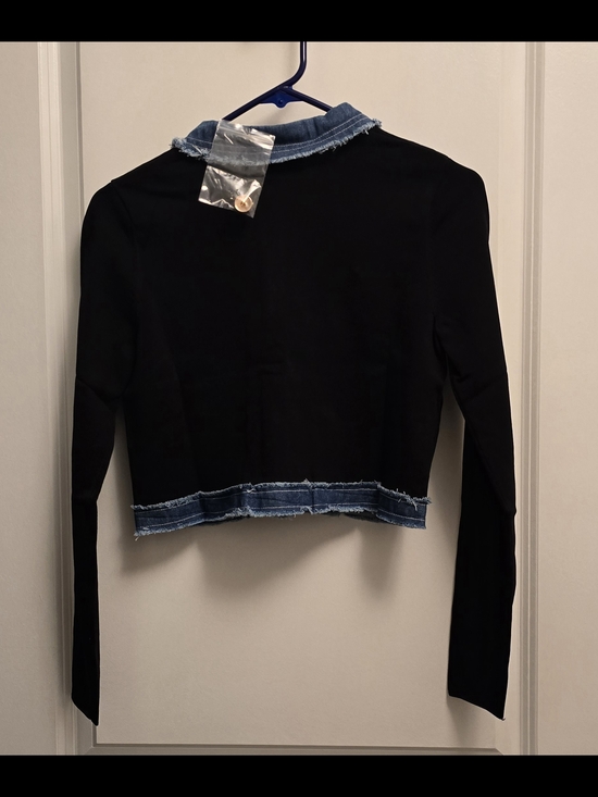 New Aleeza Paris Crop Black with Denim Trim Knit Cardigan XS - Picture 4 of 6